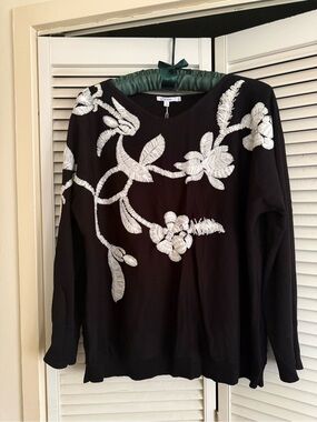 Chico's Black Pullover Sweater with White Floral Embroidery